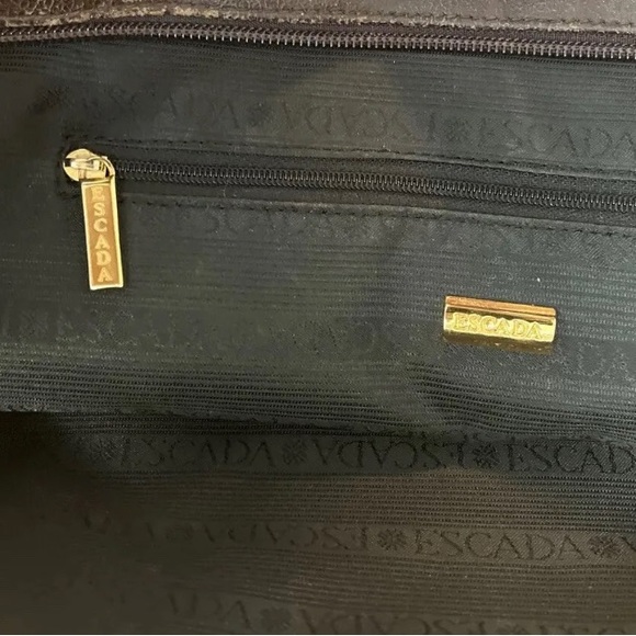 Vintage Escada Tote Bag Purse Canvas Leather Trim Brown Embossed Daisy Flower - Picture 10 of 10